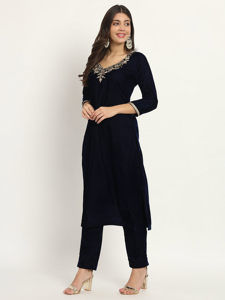 anokherang Combos Blue Royale Zardozi Embroidered Velvet Kurti with Pants