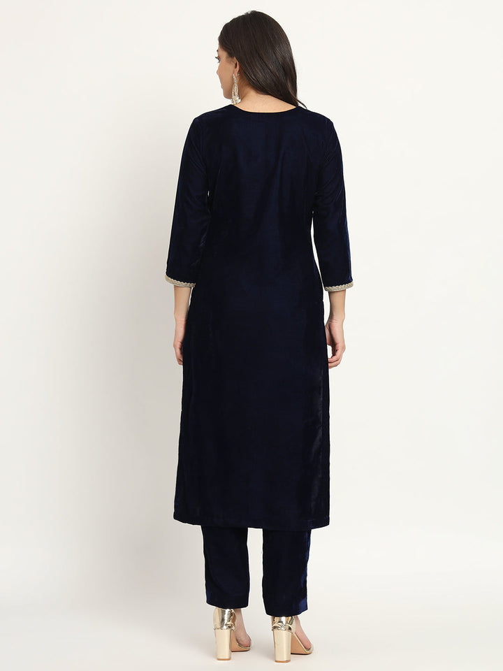 anokherang Combos Blue Royale Zardozi Embroidered Velvet Kurti with Pants