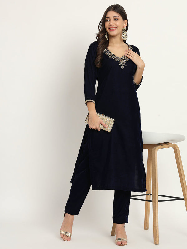 anokherang Combos Blue Royale Zardozi Embroidered Velvet Kurti with Pants