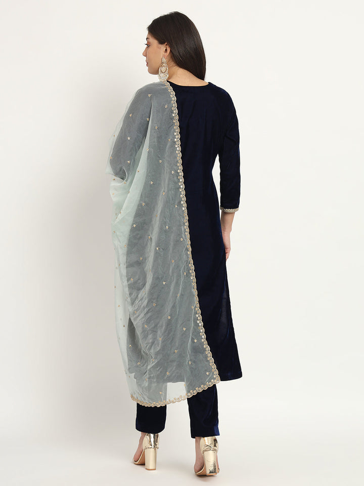 anokherang Combos Blue Royale Zardozi Embroidered Velvet Kurti with Pants and Embroidered Dupatta