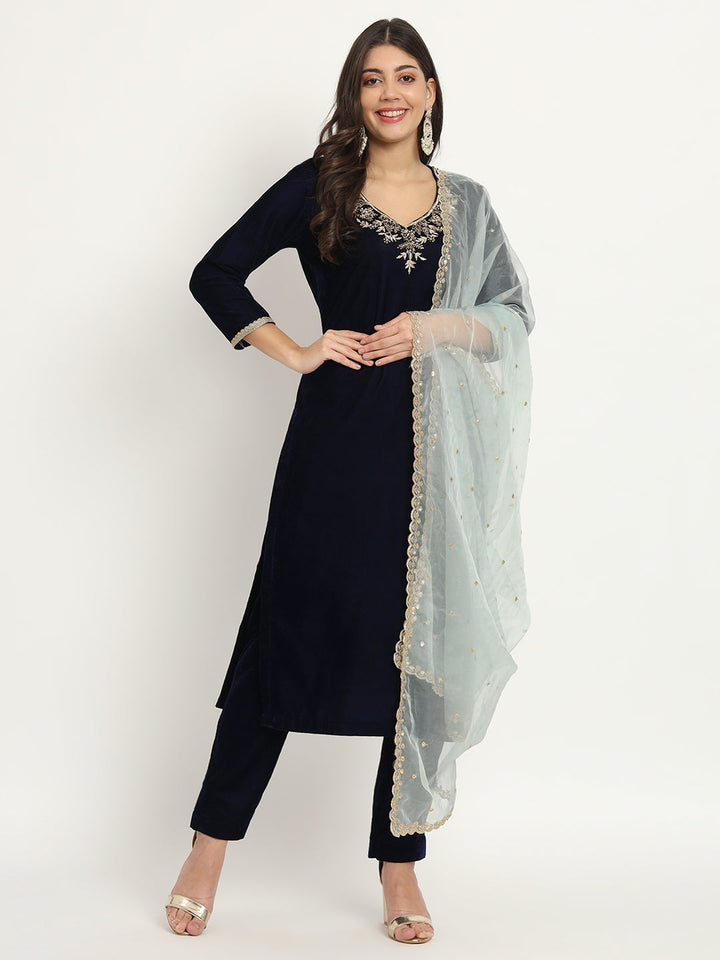 anokherang Combos Blue Royale Zardozi Embroidered Velvet Kurti with Pants and Embroidered Dupatta