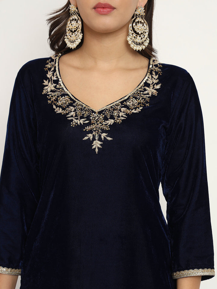 anokherang Combos Blue Royale Zardozi Embroidered Velvet Kurti with Pants and Embroidered Dupatta