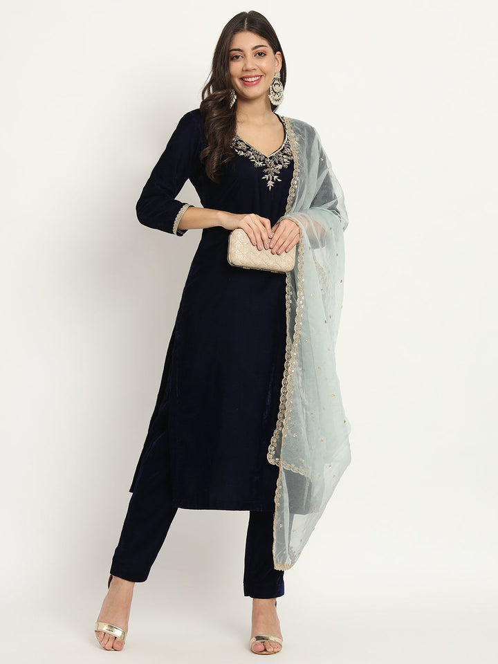 anokherang Combos Blue Royale Zardozi Embroidered Velvet Kurti with Pants and Embroidered Dupatta