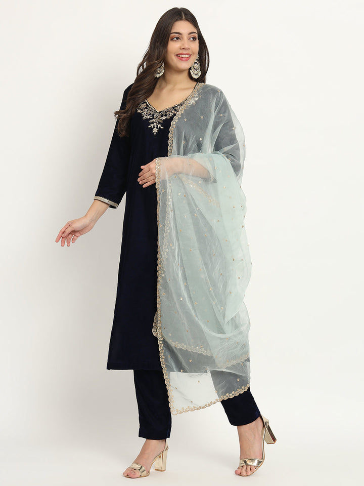 anokherang Combos Blue Royale Zardozi Embroidered Velvet Kurti with Pants and Embroidered Dupatta