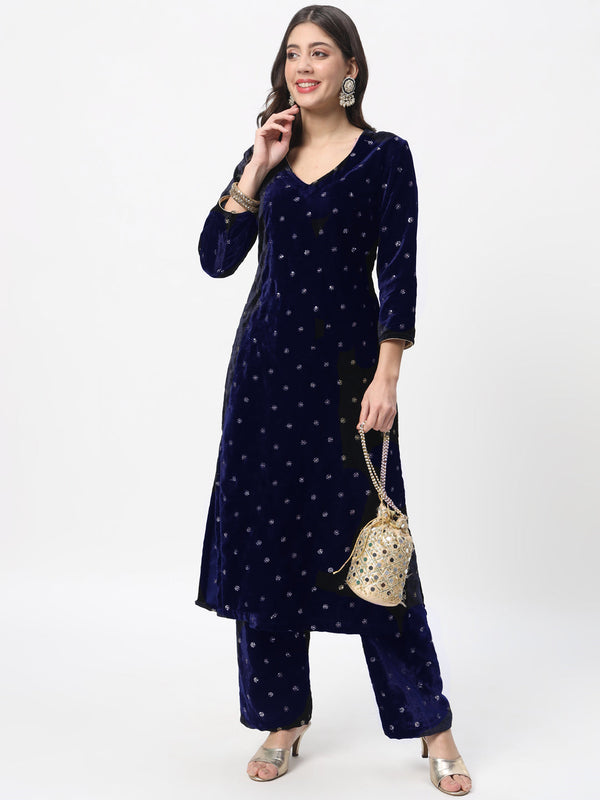 anokherang Combos Blue Sequin Velvet Straight Kurti with Straight Palazzo