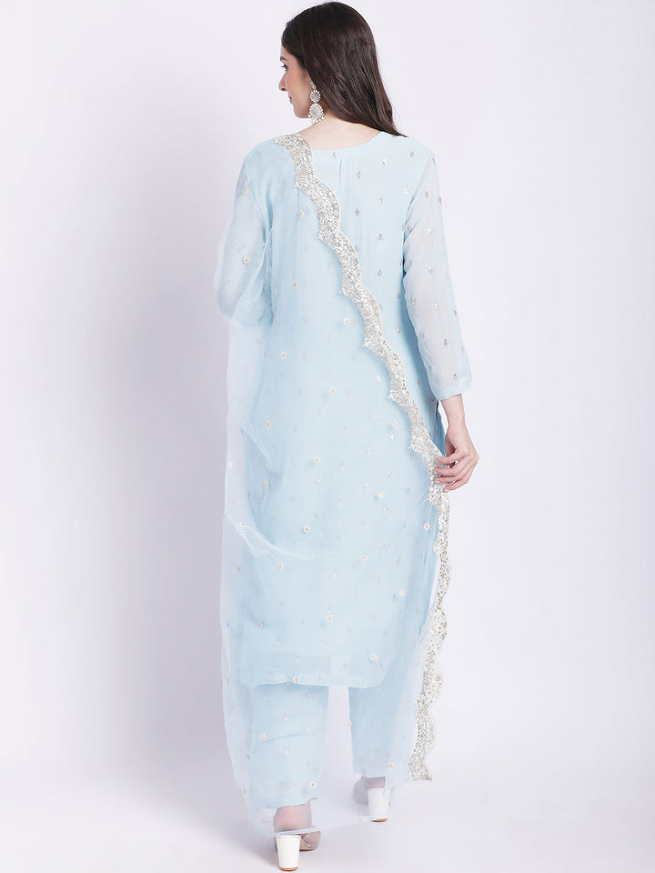 anokherang Combos Blush Blue All over Sequined Kurti with Sequined Palazzo and Scalloped Dupatta