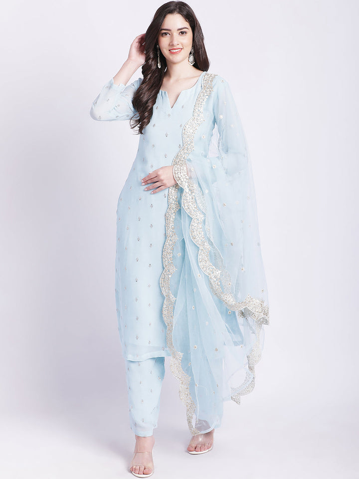 anokherang Combos Blush Blue All over Sequined Kurti with Sequined Palazzo and Scalloped Dupatta