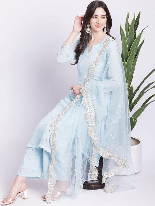 anokherang Combos Blush Blue All over Sequined Kurti with Sequined Palazzo and Scalloped Dupatta