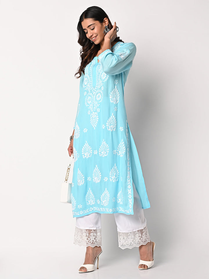 anokherang Combos Blush Blue Chikankari Kurti with Palazzo