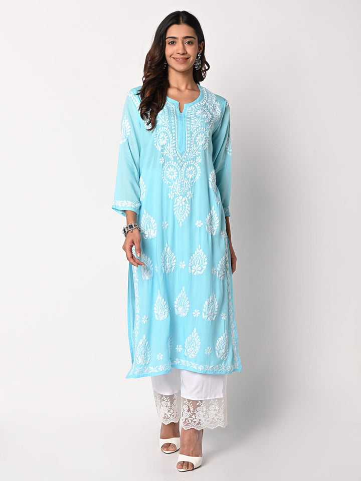 anokherang Combos Blush Blue Chikankari Kurti with Palazzo