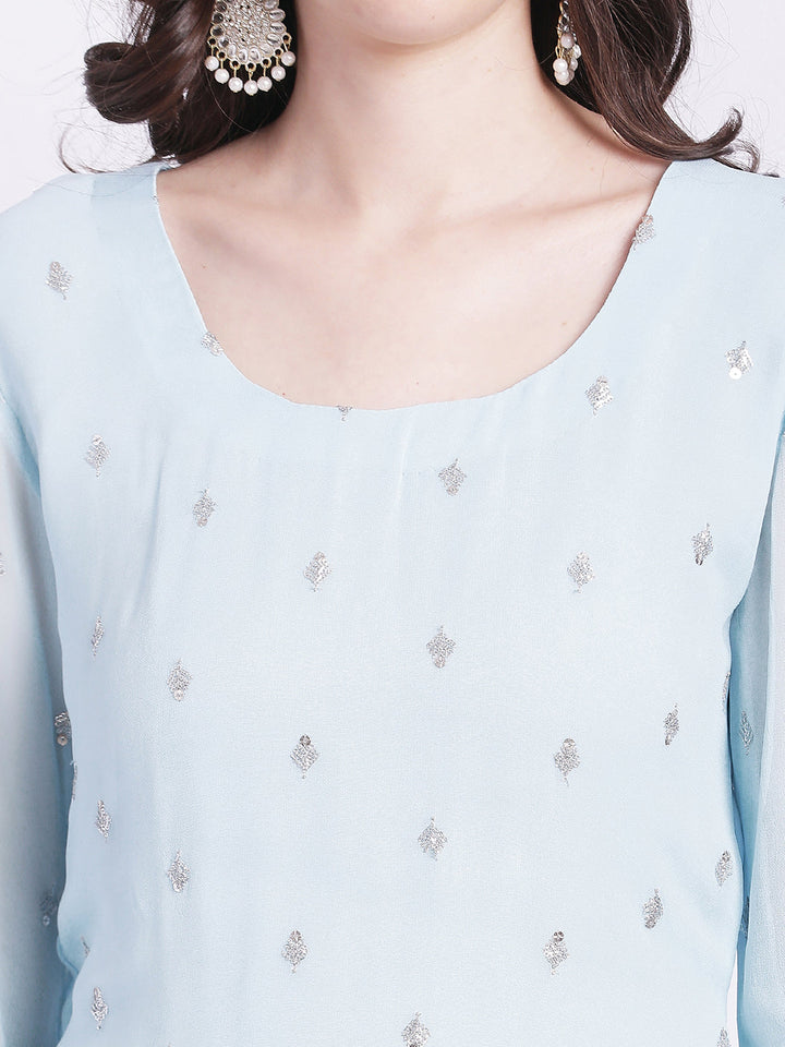 anokherang Combos Blush Blue Kurti with Embroidered Net Palazzo and Dupatta