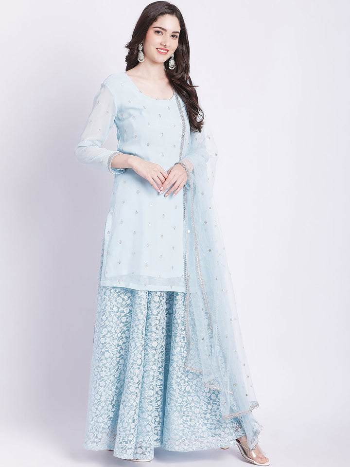 anokherang Combos Blush Blue Kurti with Embroidered Net Palazzo and Dupatta