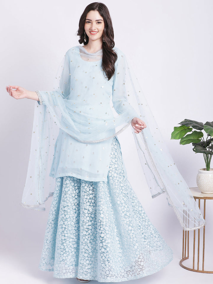 anokherang Combos Blush Blue Kurti with Embroidered Net Palazzo and Dupatta