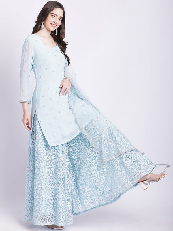 anokherang Combos Blush Blue Kurti with Embroidered Net Palazzo and Dupatta