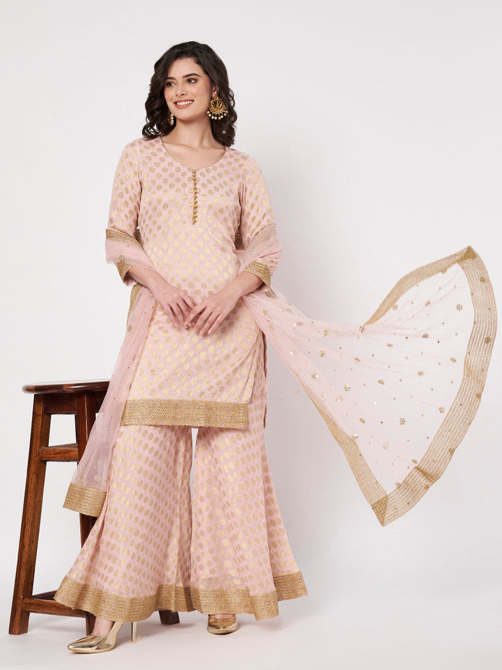 anokherang Combos Blush Pink Royale Banarasi Kurti with Sharara and Dupatta