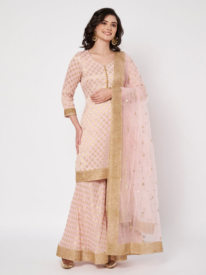 anokherang Combos Blush Pink Royale Banarasi Kurti with Sharara and Dupatta