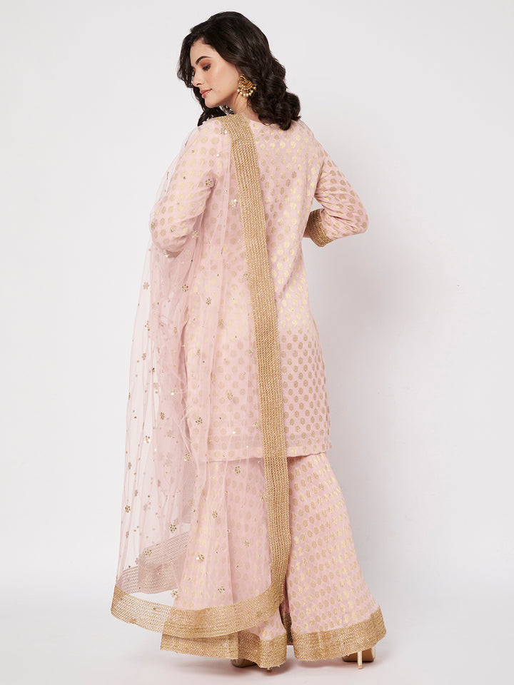 anokherang Combos Blush Pink Royale Banarasi Kurti with Sharara and Dupatta