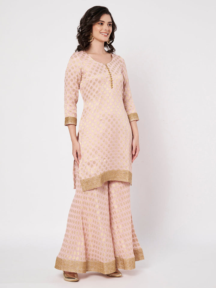anokherang Combos Blush Pink Royale Banarasi Kurti with Sharara and Dupatta