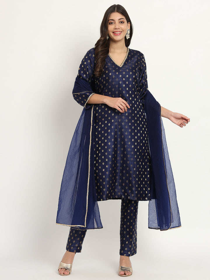 anokherang Combos Bridal Blue Smiles Brocade Kurti with Pants and Organza Dupatta