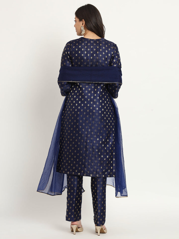 anokherang Combos Bridal Blue Smiles Brocade Kurti with Pants and Organza Dupatta