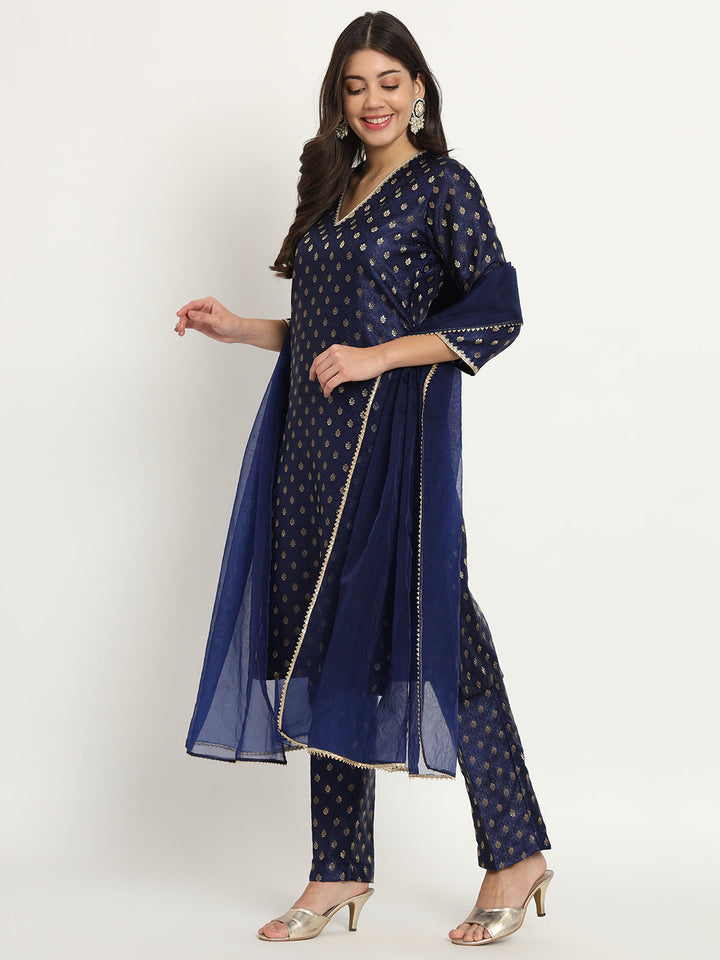 anokherang Combos Bridal Blue Smiles Brocade Kurti with Pants and Organza Dupatta