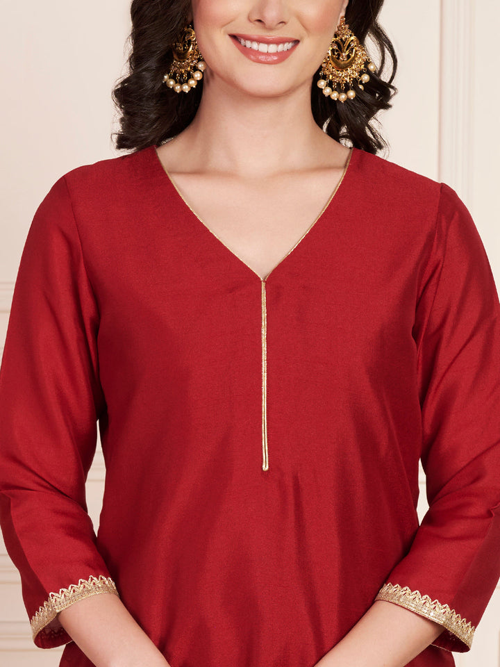 anokherang Combos Bridal Maroon Silk Short Kurti with Pants and Crepe Gota Dupatta