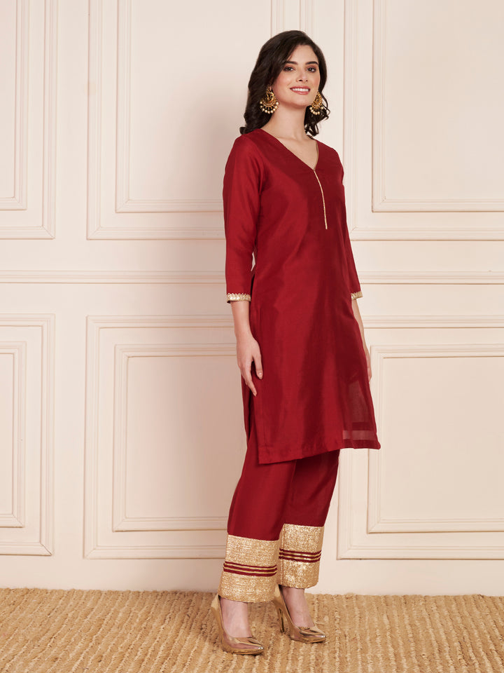 anokherang Combos Bridal Maroon Silk Short Kurti with Pants and Crepe Gota Dupatta