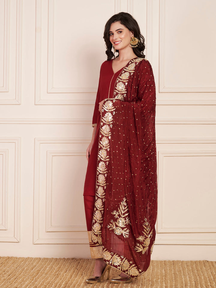 anokherang Combos Bridal Maroon Silk Short Kurti with Pants and Crepe Gota Dupatta