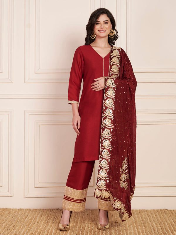 anokherang Combos Bridal Maroon Silk Short Kurti with Pants and Crepe Gota Dupatta