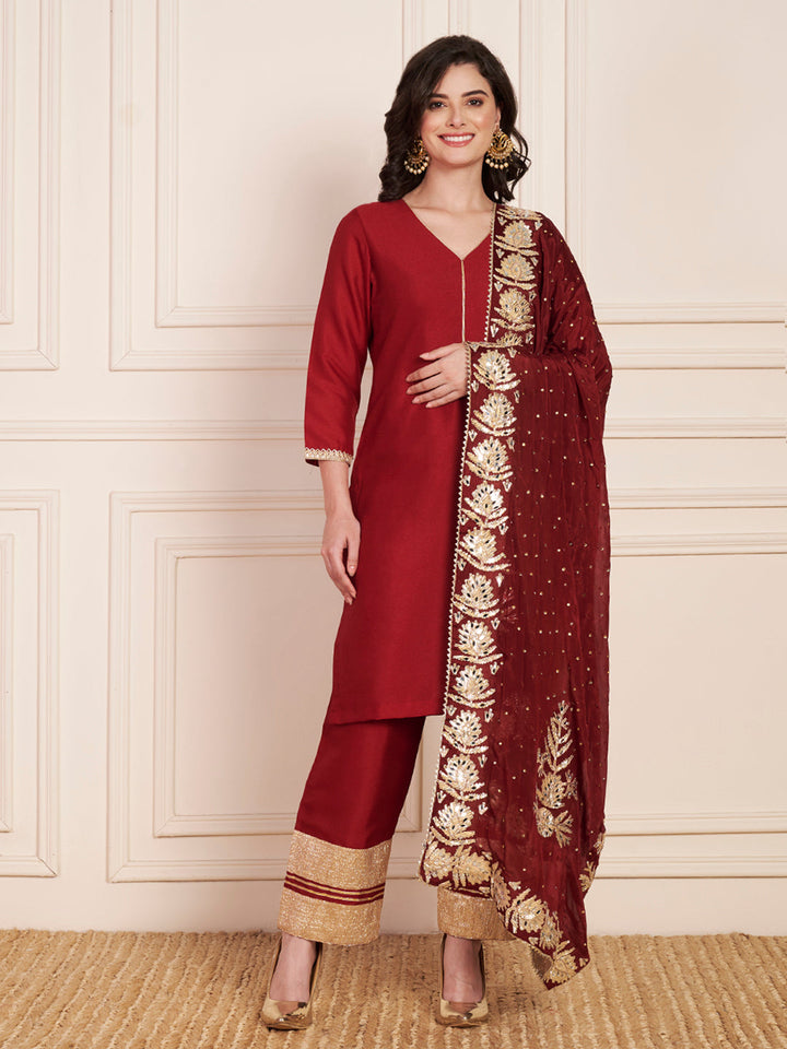 anokherang Combos Bridal Maroon Silk Short Kurti with Pants and Crepe Gota Dupatta
