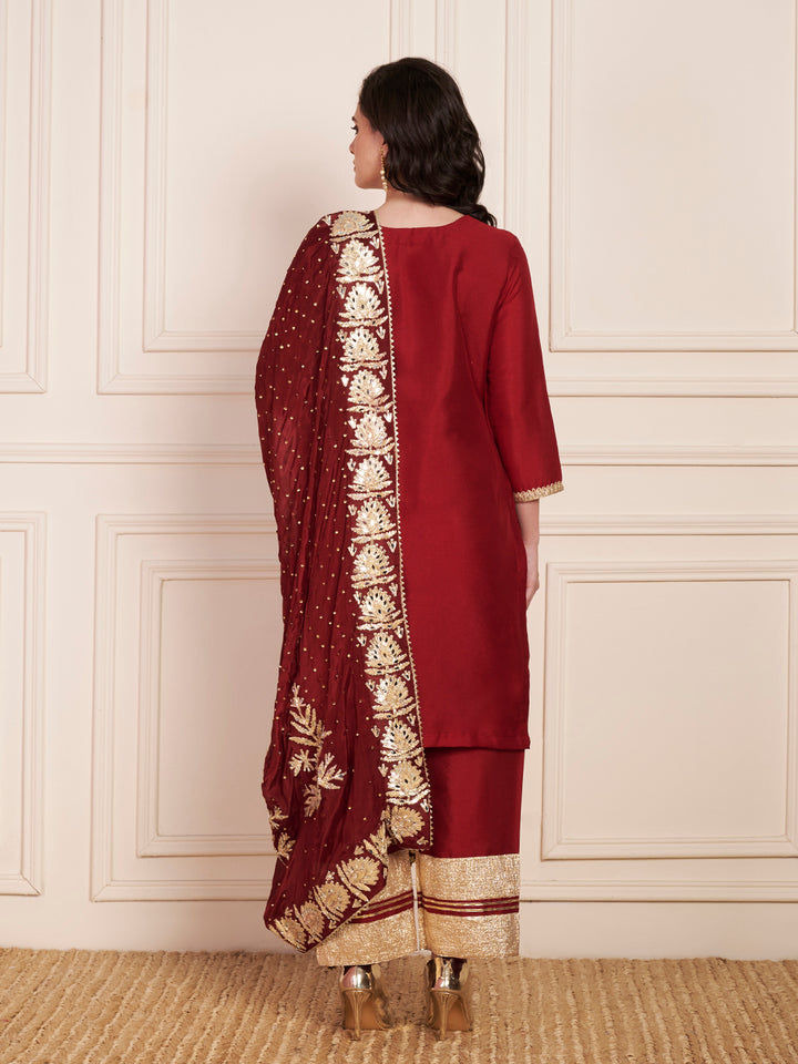 anokherang Combos Bridal Maroon Silk Short Kurti with Pants and Crepe Gota Dupatta