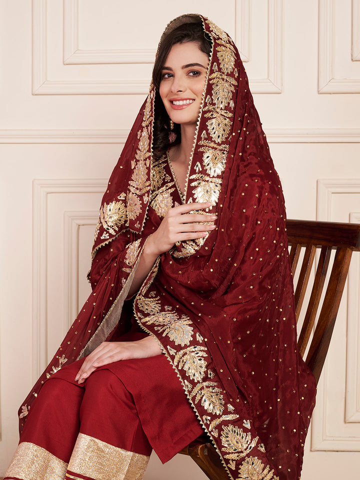 anokherang Combos Bridal Maroon Silk Short Kurti with Pants and Crepe Gota Dupatta