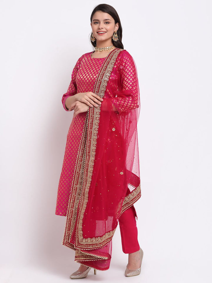 anokherang Combos Bridal Pretty Pink Brocade Straight Kurti with Straight Pants and Saubhagyavati Dupatta