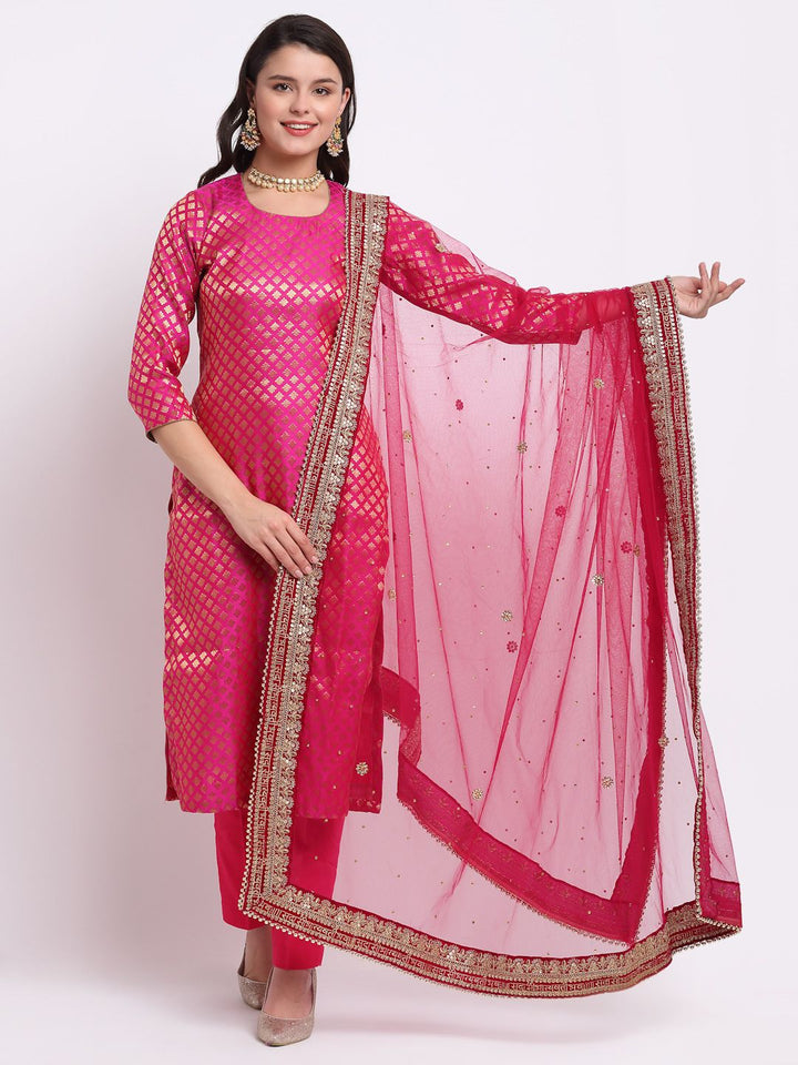 anokherang Combos Bridal Pretty Pink Brocade Straight Kurti with Straight Pants and Saubhagyavati Dupatta