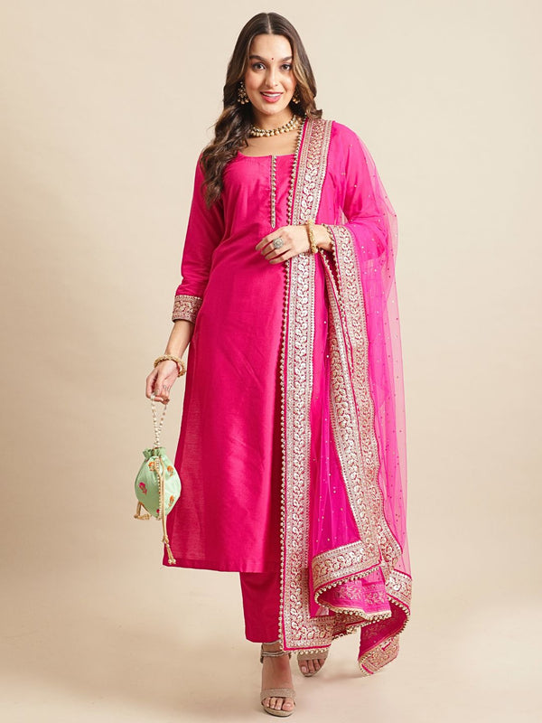 anokherang Combos Bridal Queen Pink Silk Kurti with Straight Pants and Bridal Dupatta