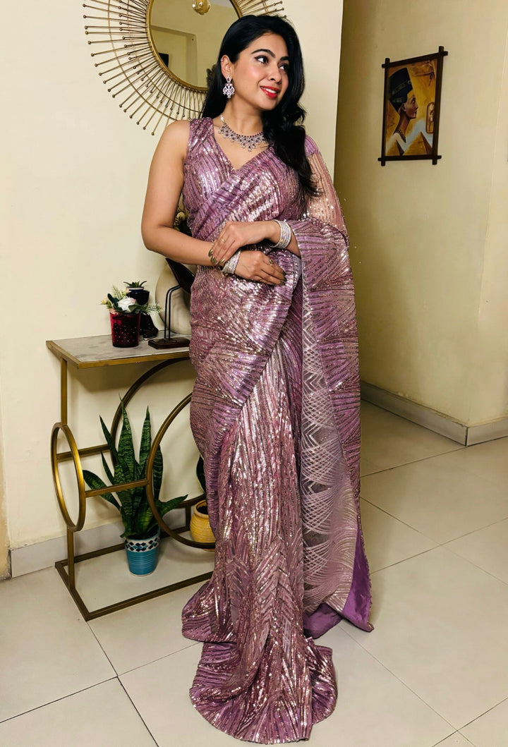 anokherang Combos Bridal Ravishing Mauve Sequin Embroidered Net Readymade Saree