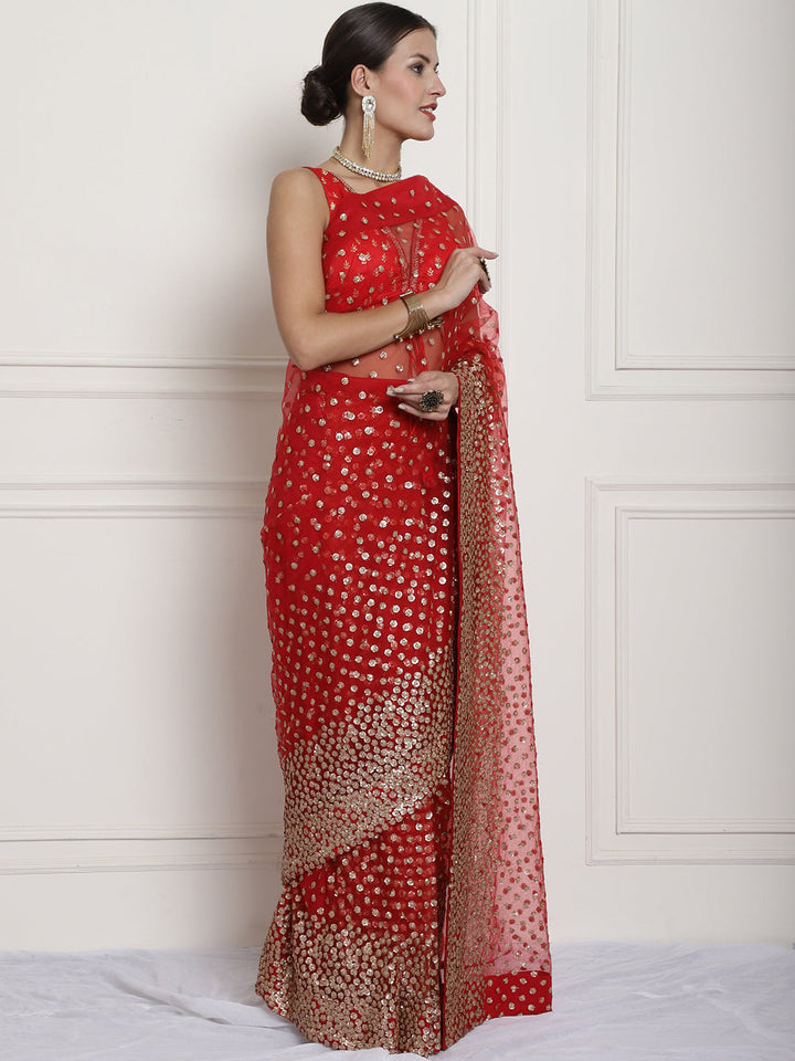 anokherang Combos Bridal Ravishing Red Sequin Embroidered Net Readymade Saree