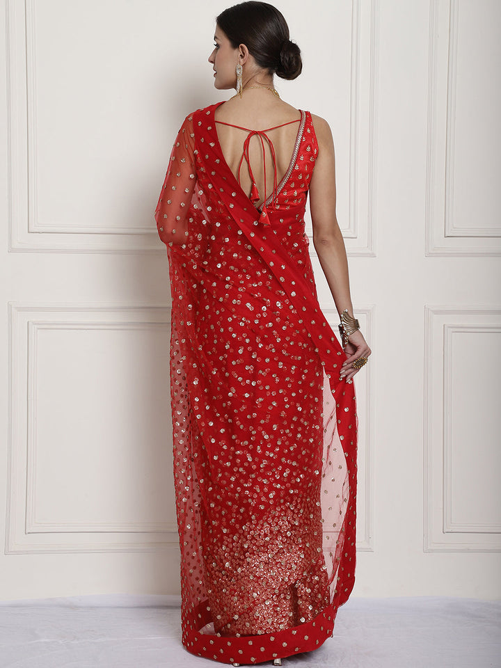anokherang Combos Bridal Ravishing Red Sequin Embroidered Net Readymade Saree