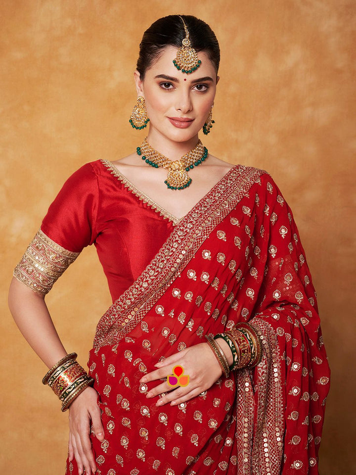 anokherang Combos Bridal Red Glamour Georgette Embroidered Saree