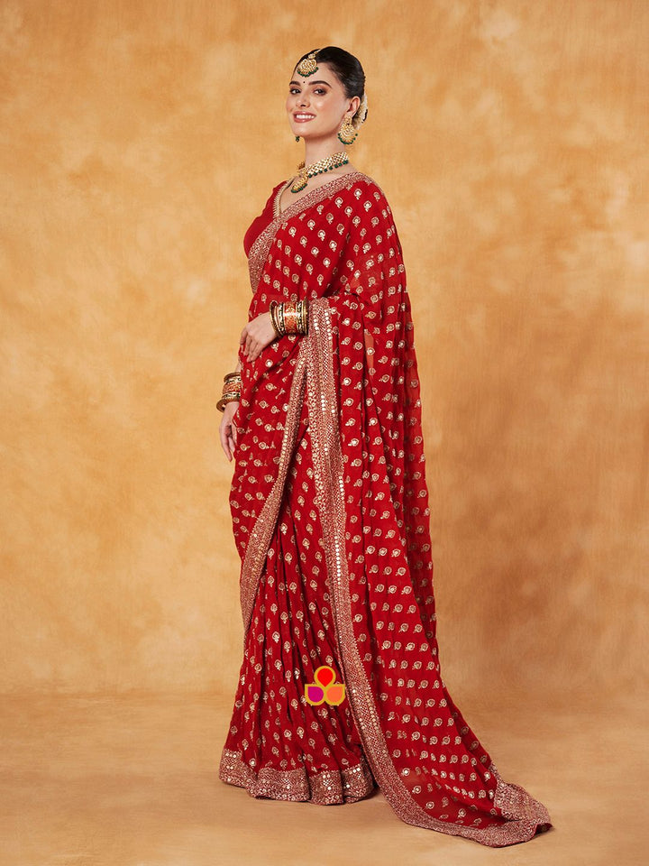 anokherang Combos Bridal Red Glamour Georgette Embroidered Saree