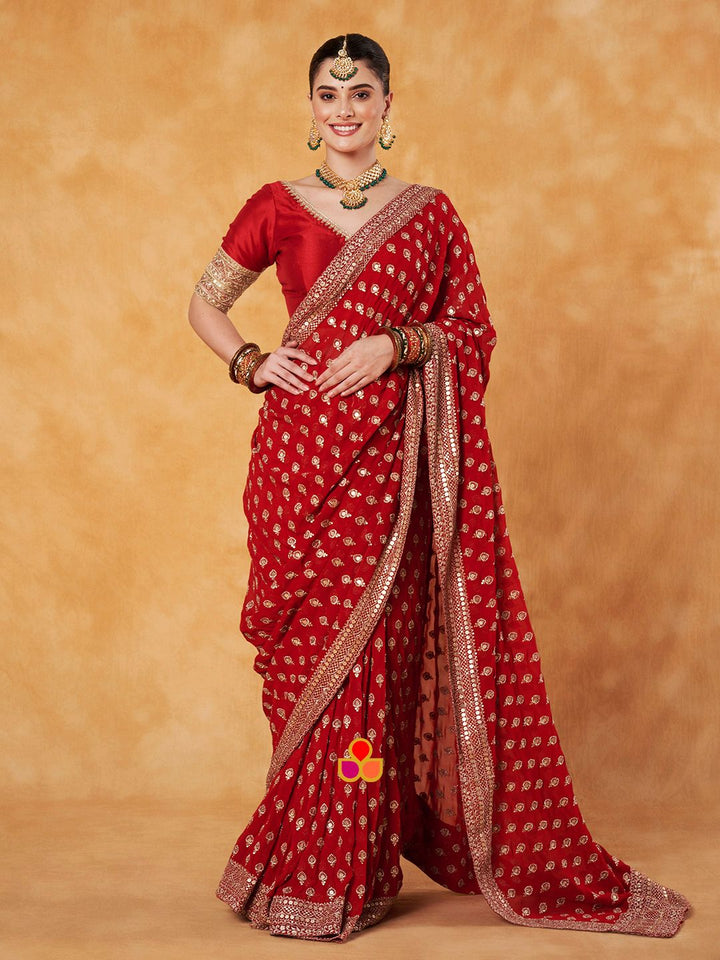 anokherang Combos Bridal Red Glamour Georgette Embroidered Saree