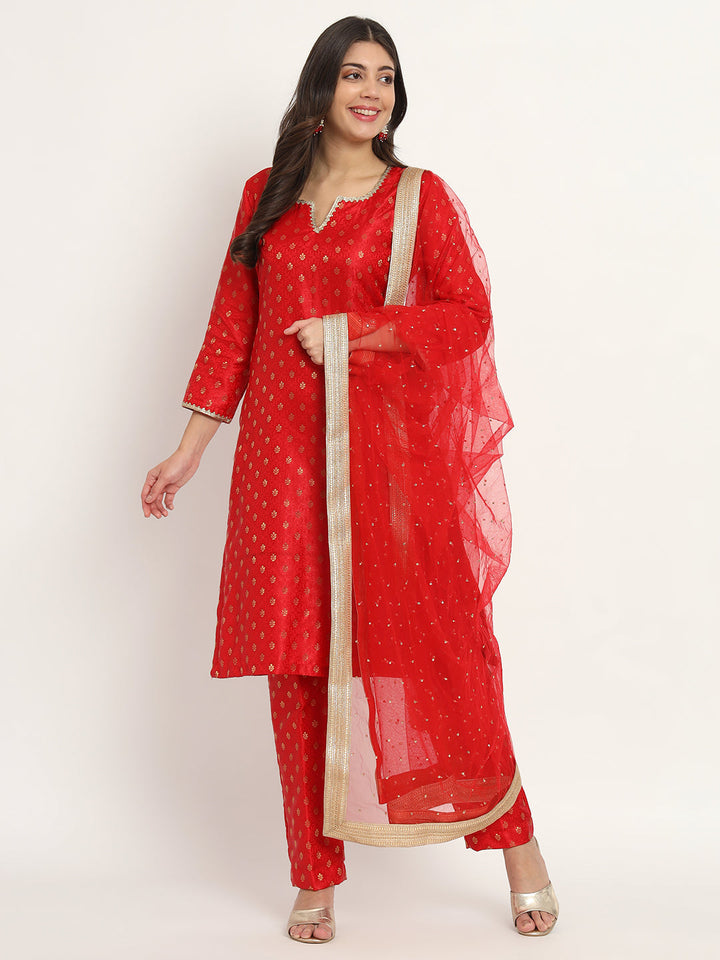 anokherang Combos Bridal Red Smiles Brocade Kurti with Pants and Sequin Dupatta
