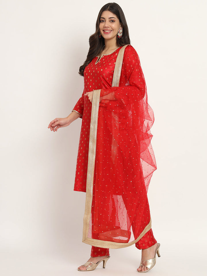 anokherang Combos Bridal Red Smiles Brocade Kurti with Pants and Sequin Dupatta
