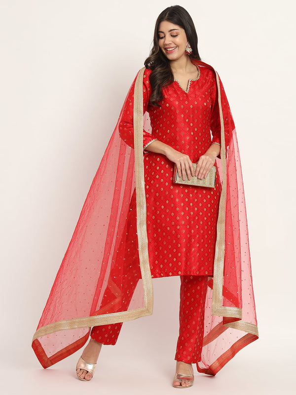 anokherang Combos Bridal Red Smiles Brocade Kurti with Pants and Sequin Dupatta