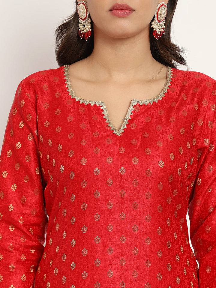 anokherang Combos Bridal Red Smiles Brocade Kurti with Pants and Sequin Dupatta