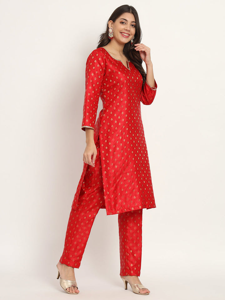 anokherang Combos Bridal Red Smiles Brocade Kurti with Pants and Sequin Dupatta