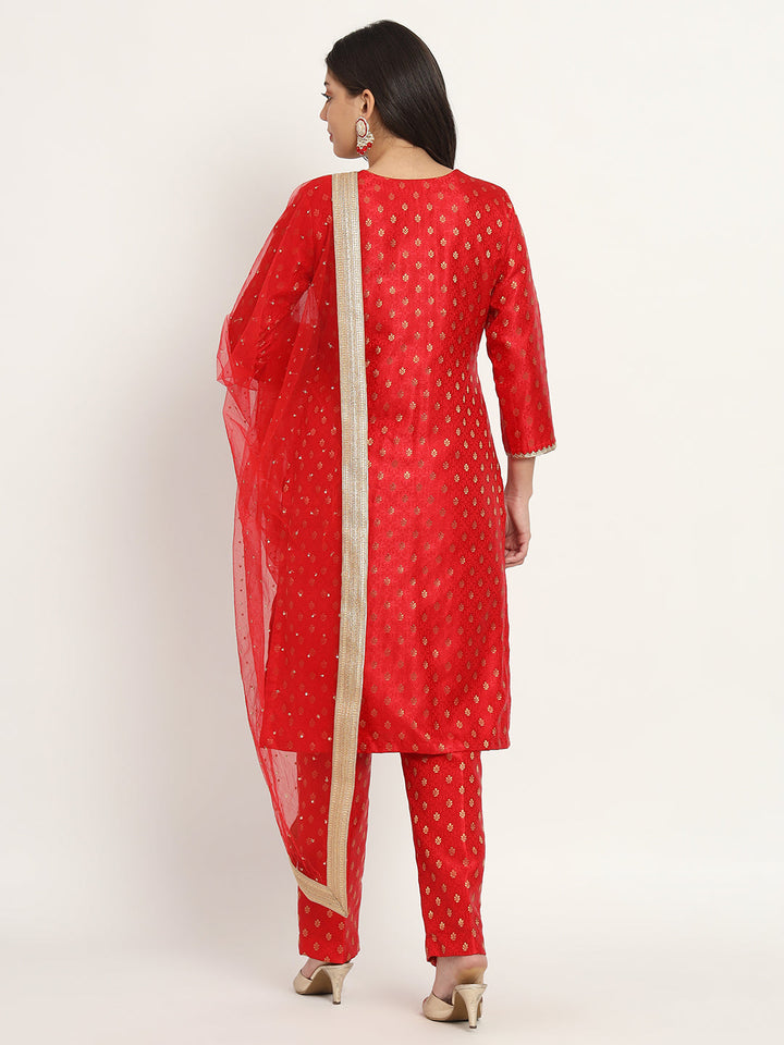 anokherang Combos Bridal Red Smiles Brocade Kurti with Pants and Sequin Dupatta