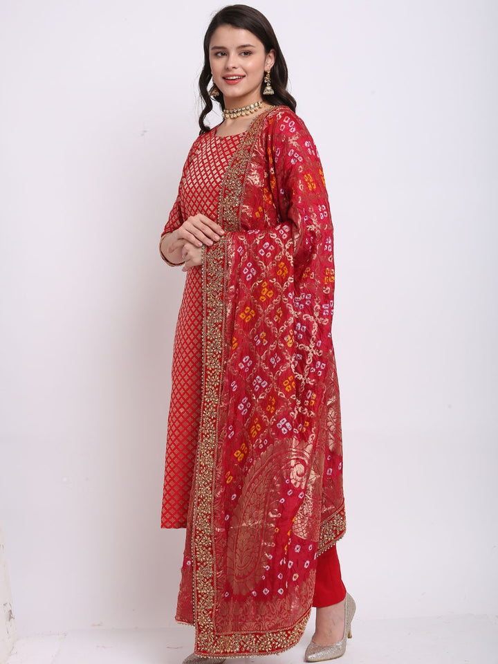 anokherang Combos Bridal Ruby Red Brocade Straight Kurti with Straight Pants and Red Bandhej Dupatta