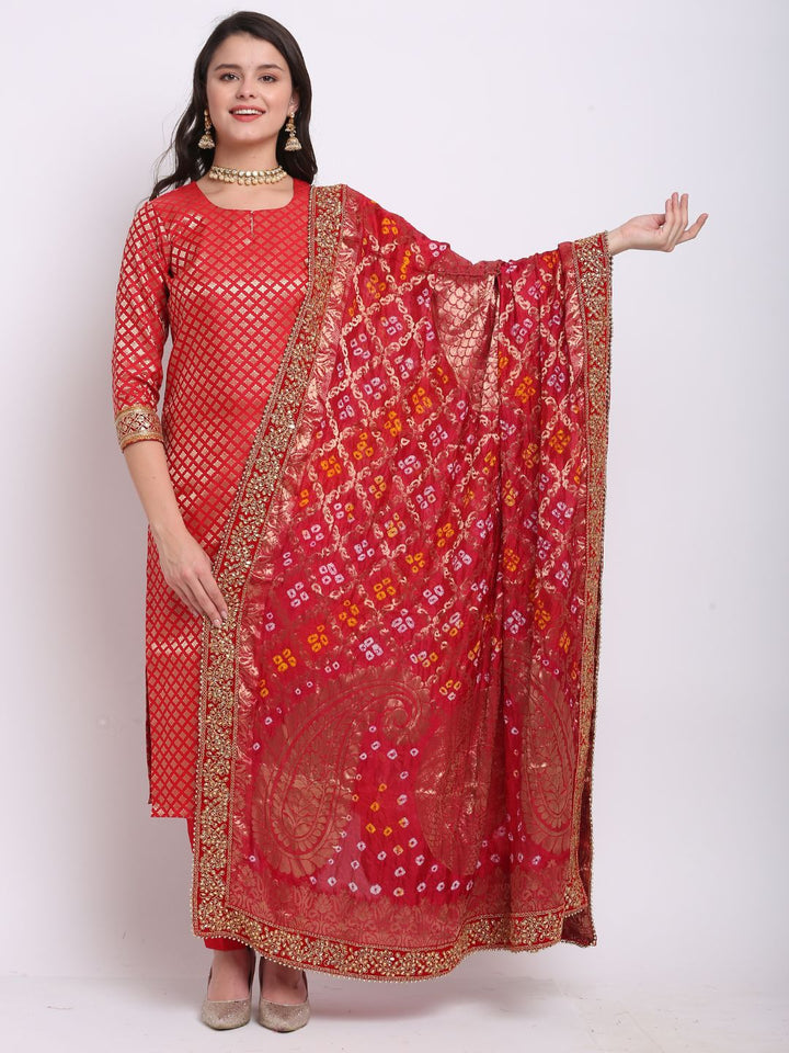 anokherang Combos Bridal Ruby Red Brocade Straight Kurti with Straight Pants and Red Bandhej Dupatta