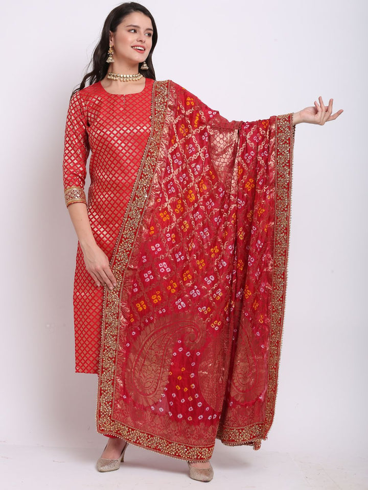 anokherang Combos Bridal Ruby Red Brocade Straight Kurti with Straight Pants and Red Bandhej Dupatta